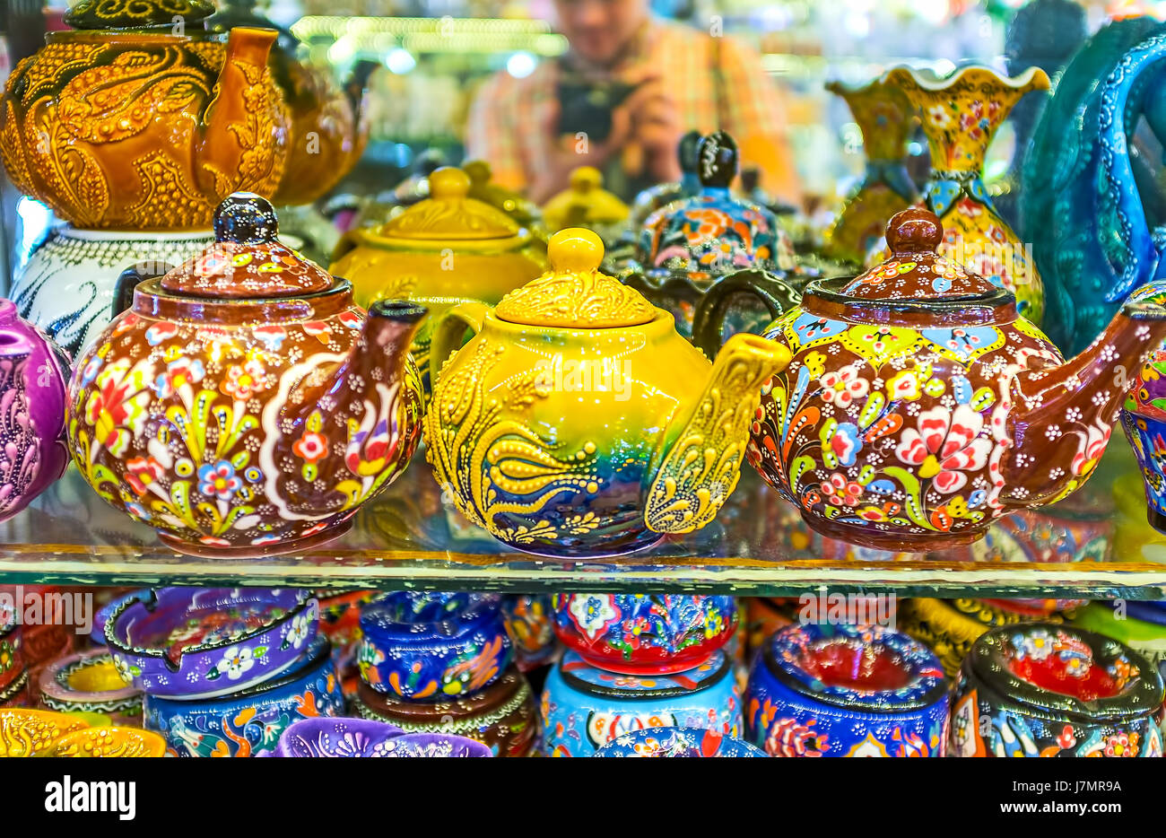 KEMER, TURKEY MAY 5, 2017 The porcelain teapots decorated with