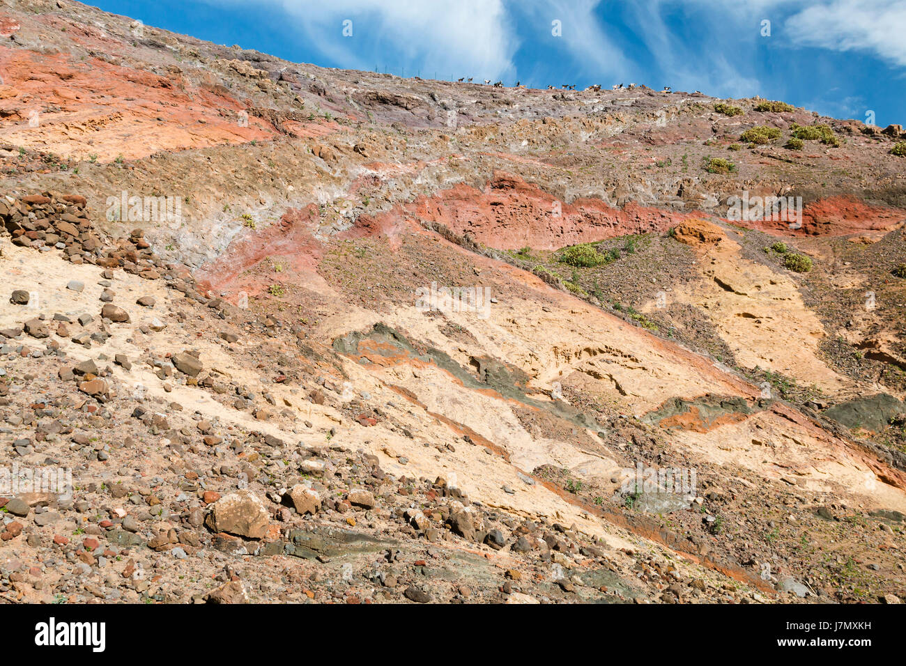 View of colorful volcanic soil layers in Lanzarote, Spain near the village of Femes. Stock Photo