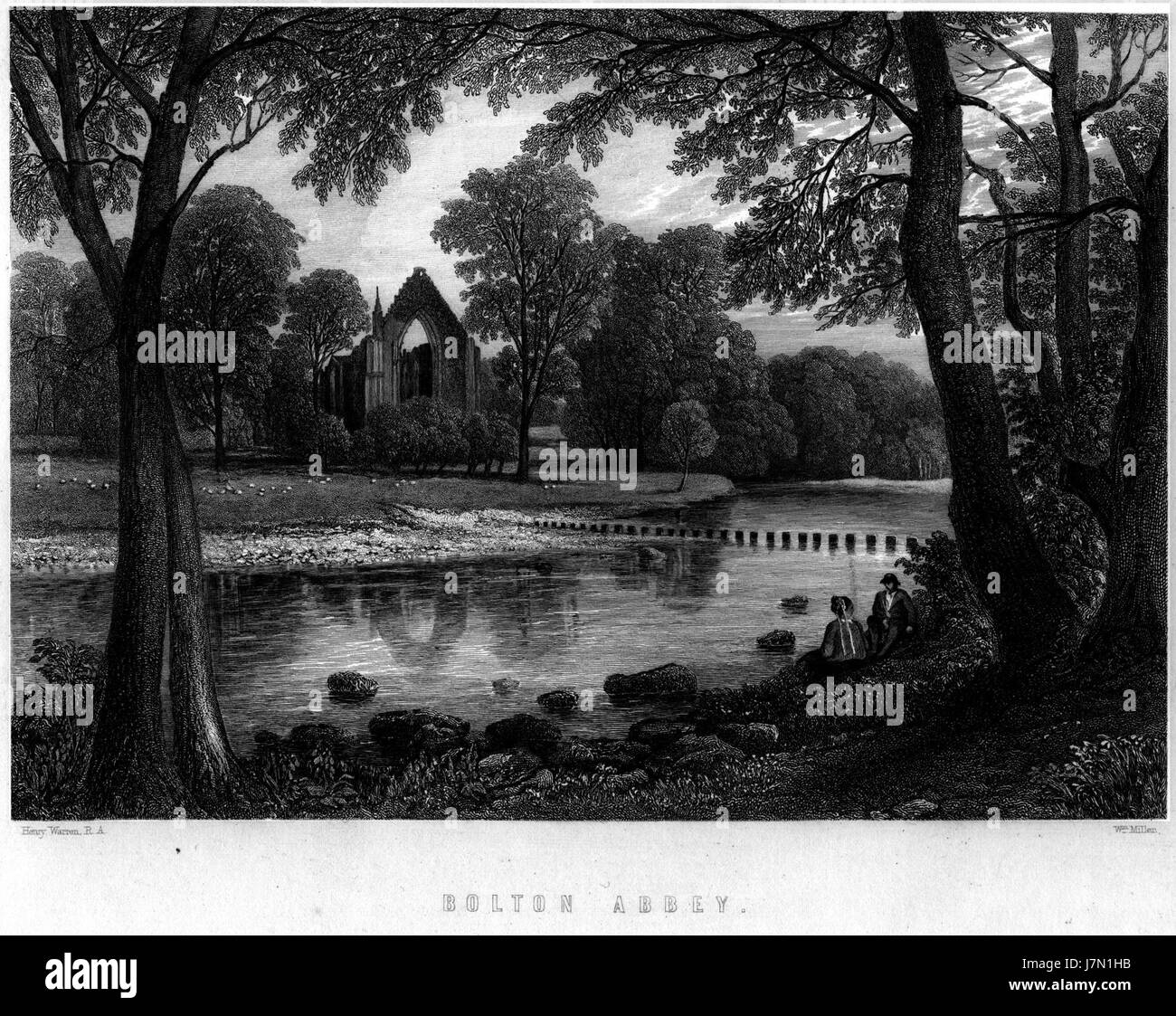 Bolton Abbey engraving by William Miller after H Warren Stock Photo