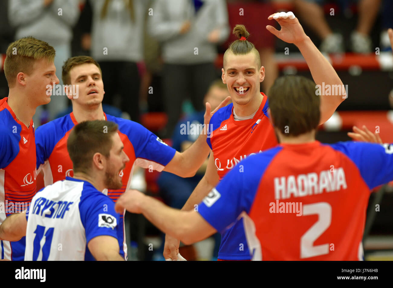 Czech team celebrate victory in the volleyball World Cup Qualification match Czech Republic vs Sweden in Karlovy Vary, Czech Republic, May 25, 2017. (CTK Photo/Slavomir Kubes) Stock Photo