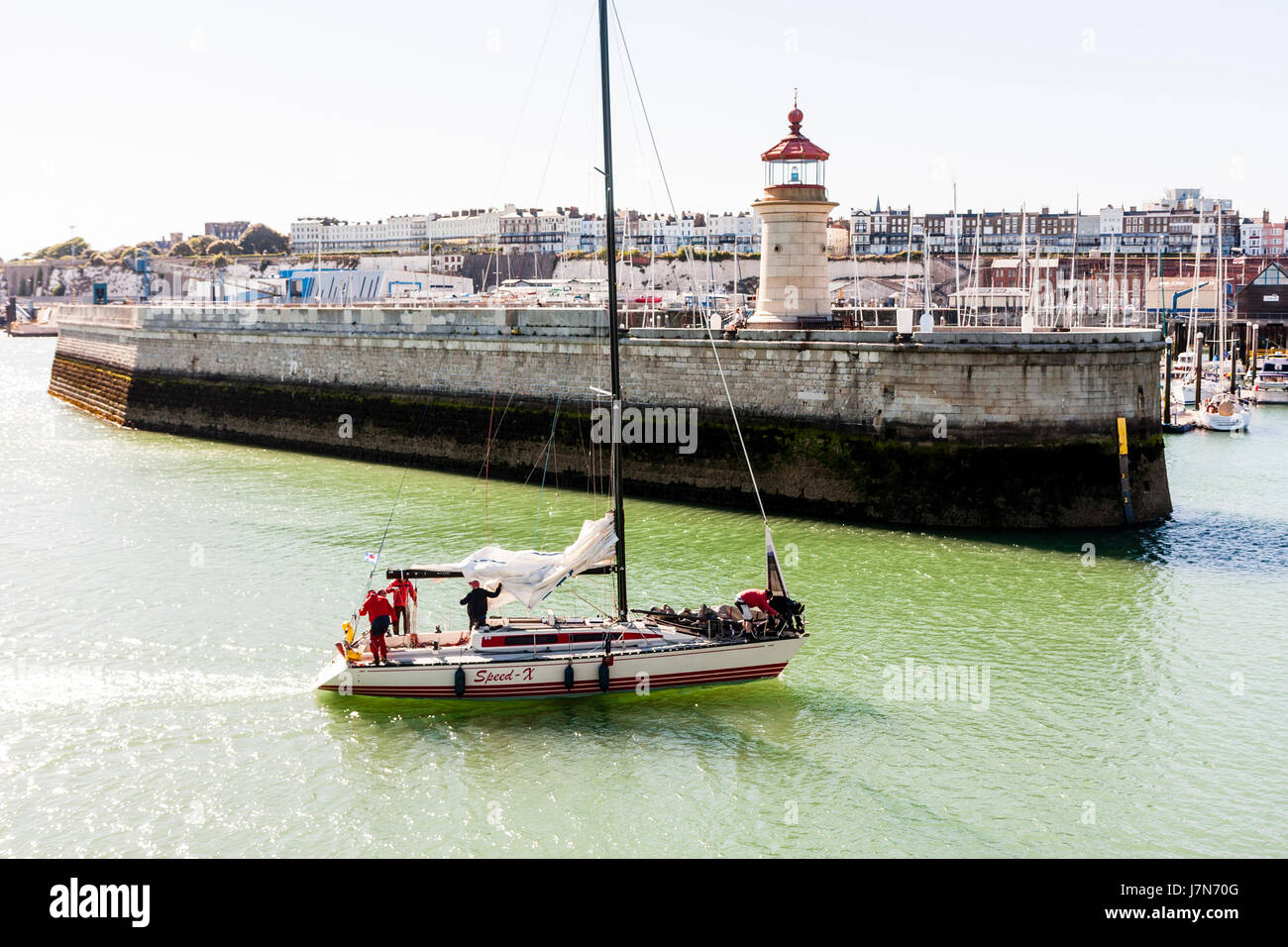 Yacht sailing into Ramsgate harbour after competing in the EuroRegatta