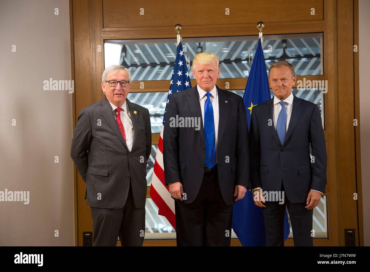 Brussels, Belgium. 25th May, 2017. U.S. President Donald Trump President Donald Trump poses for a photo with European Union President Jean-Claude Juncker, left, and European Council President Donald Tusk, right, prior to the start of their bilateral meeting at the European Union Headquarters May 25, 2017 in Brussels. Credit: Planetpix/Alamy Live News Stock Photo