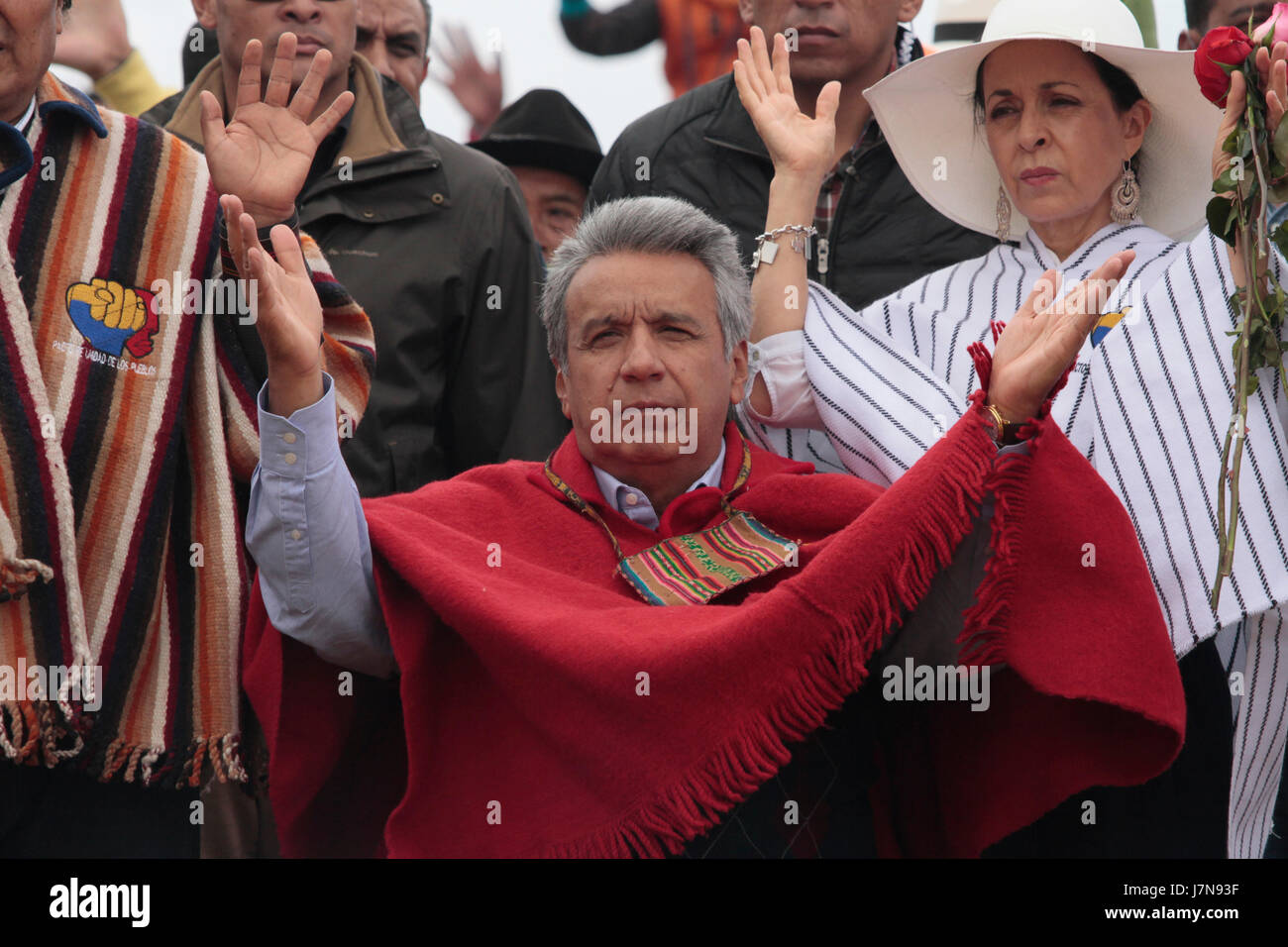 President of Ecuador, Lenin Moreno receives the ceremonial staff of indigenous leaders in the archaeological park of Cochasquí, an area considered sacred in Ecuador, in Cochasquí, Thursday, May 25, 2017. Credit: Franklin Jácome/Alamy Live News Stock Photo