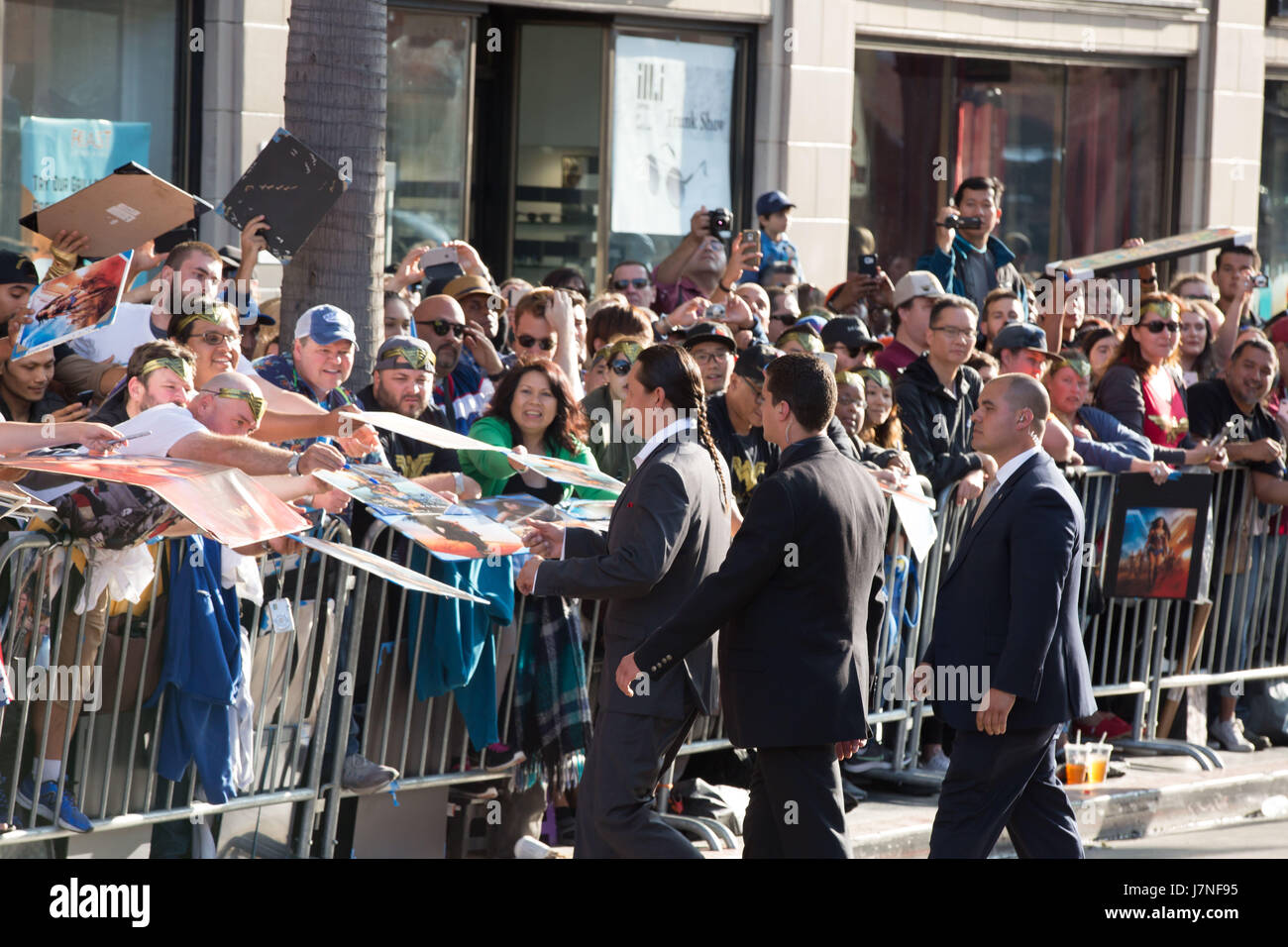 Hollywood, California, USA. 25th May, 2017. Eugene Brave Rock with fans at the Premiere of Warner Bros. Pictures' 'Wonder Woman' at the Pantages Theatre on May 25, 2017 in Hollywood, California. Credit: The Photo Access/Alamy Live News Stock Photo