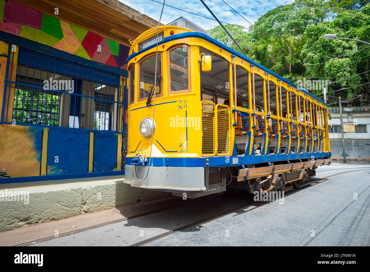 Iconic bonde tram waiting at a station in the tourist nieghborhood of Santa Teresa in Rio de Janeiro, Brazil Stock Photo