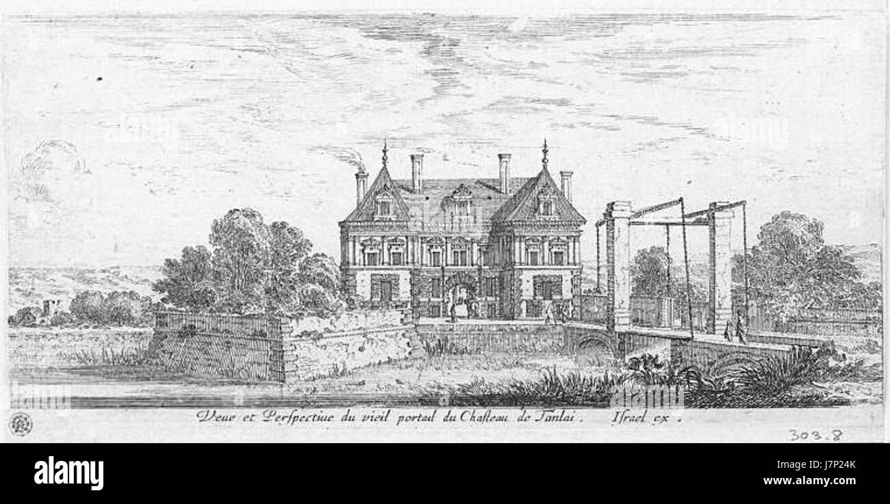 This refers to the Chateau de Tanlay in France, an architectural landmark featuring artwork by Silvestre, possibly a depiction or engraving of the chateau. Stock Photo