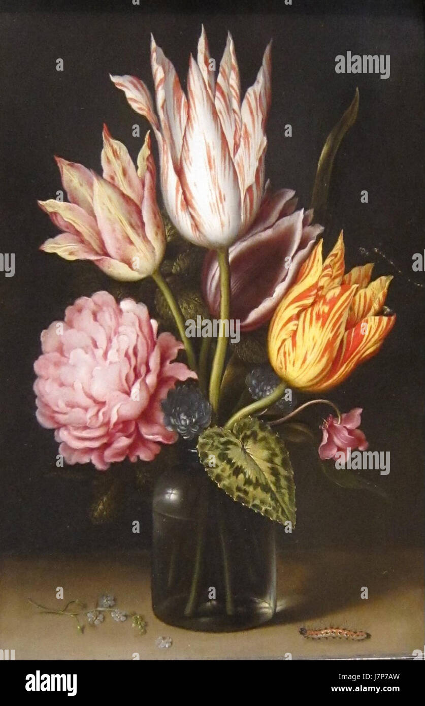 'Still Life with Bouquet of Tulips, a Rose, Clover, and Cyclamen in a Green Glass Bottle' by Ambrosius Bosschaert Stock Photo