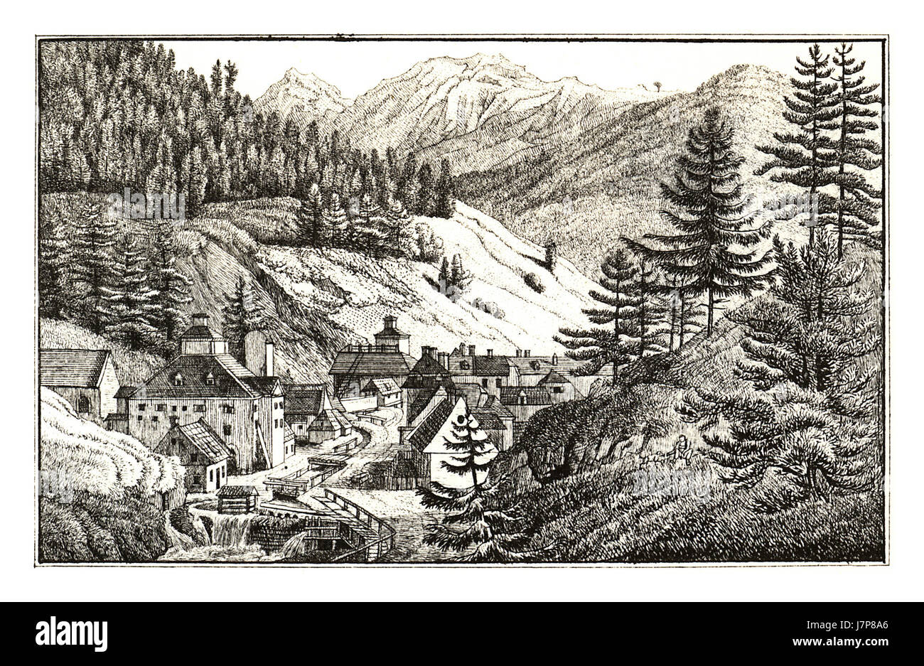 320 Vordernberg mit dem Stadt Leobner Plachhause   J.F.Kaiser Lithografirte Ansichten der Steiermark 1830 Stock Photo