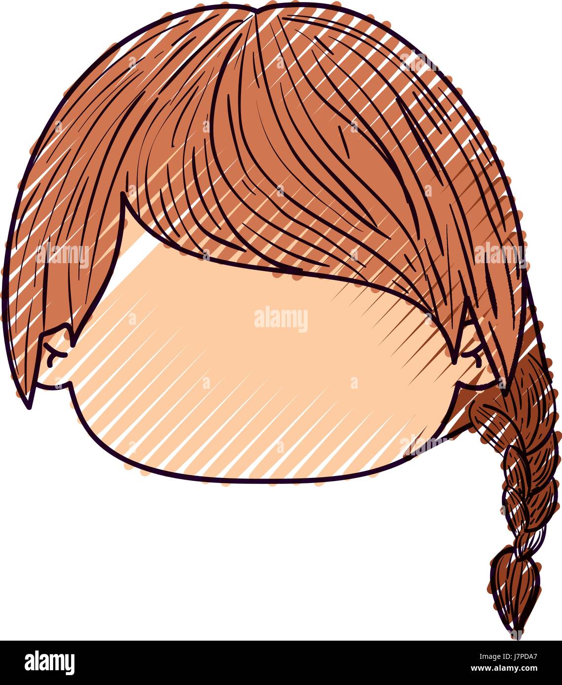 colored crayon silhouette of faceless head of little girl with pigtail hair in left side Stock Vector