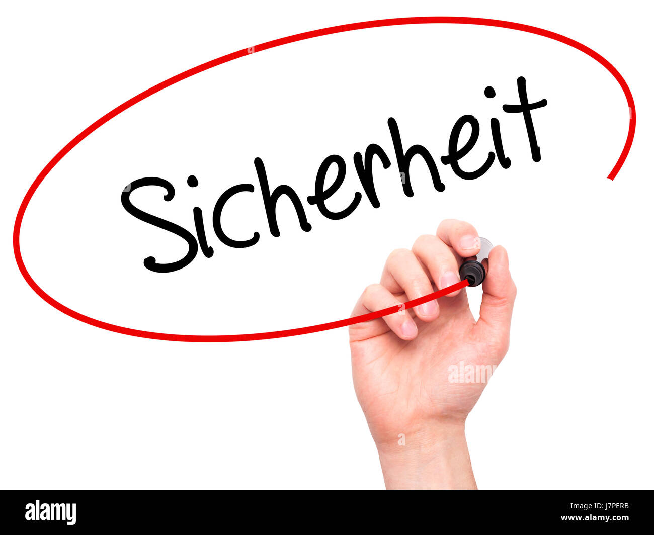 Man Hand writing Sicherheit (Safety in German) with black marker on