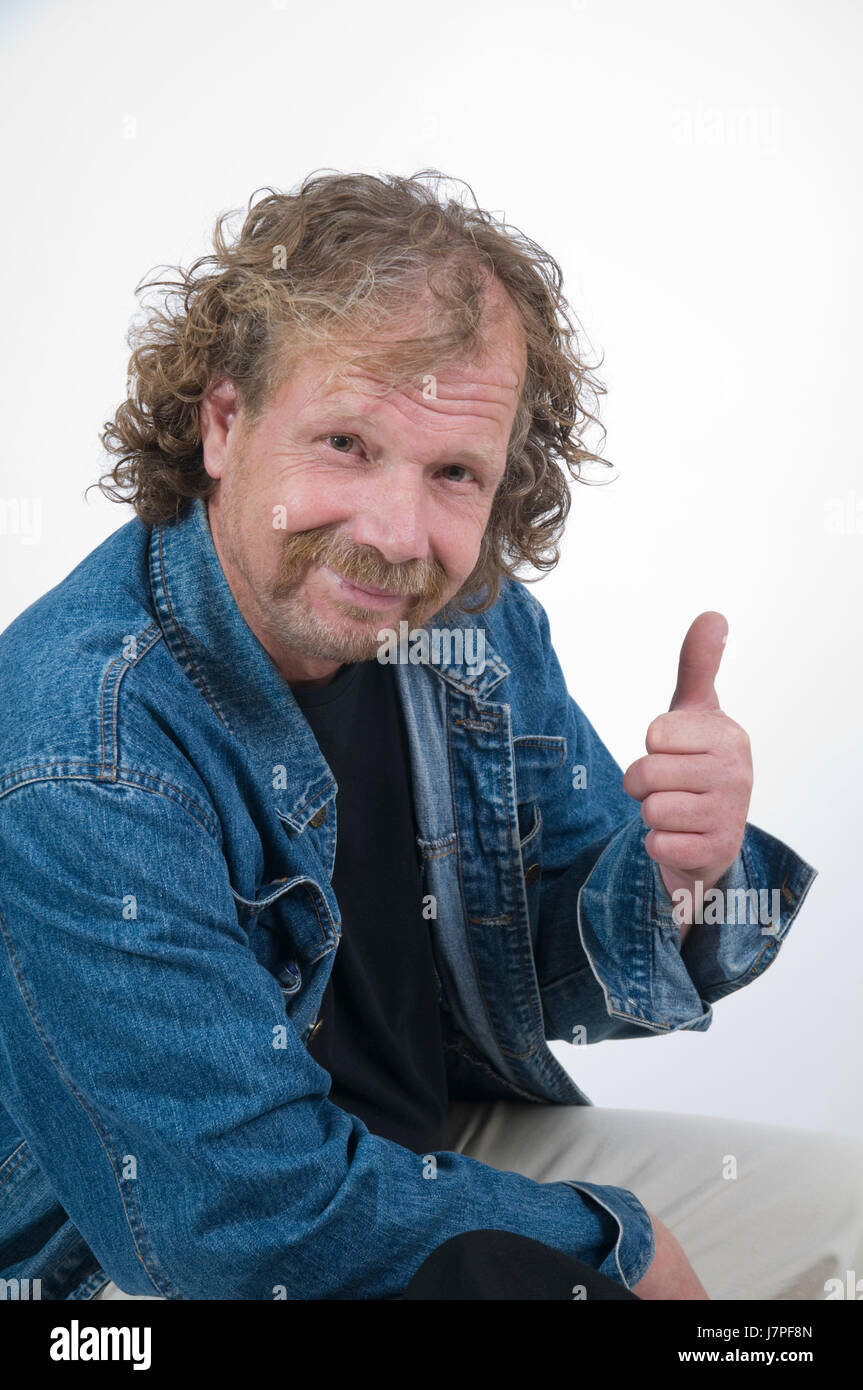 person contented hand signal consent man studio photography person friendly Stock Photo