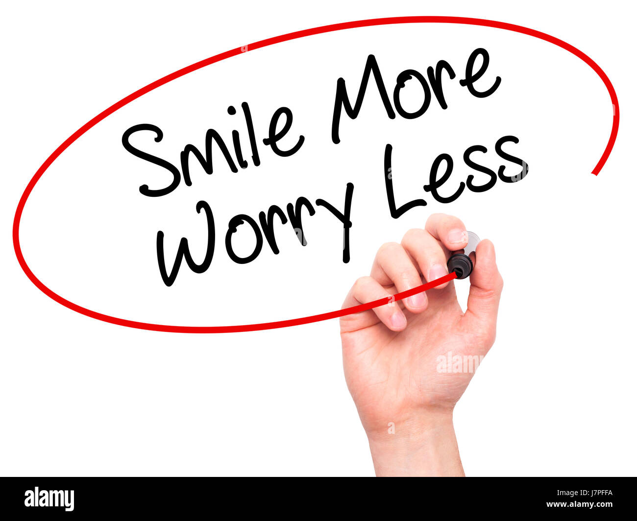 Less Worry Face Man Hand writing Smile More Worry Less with black marker on visual ...