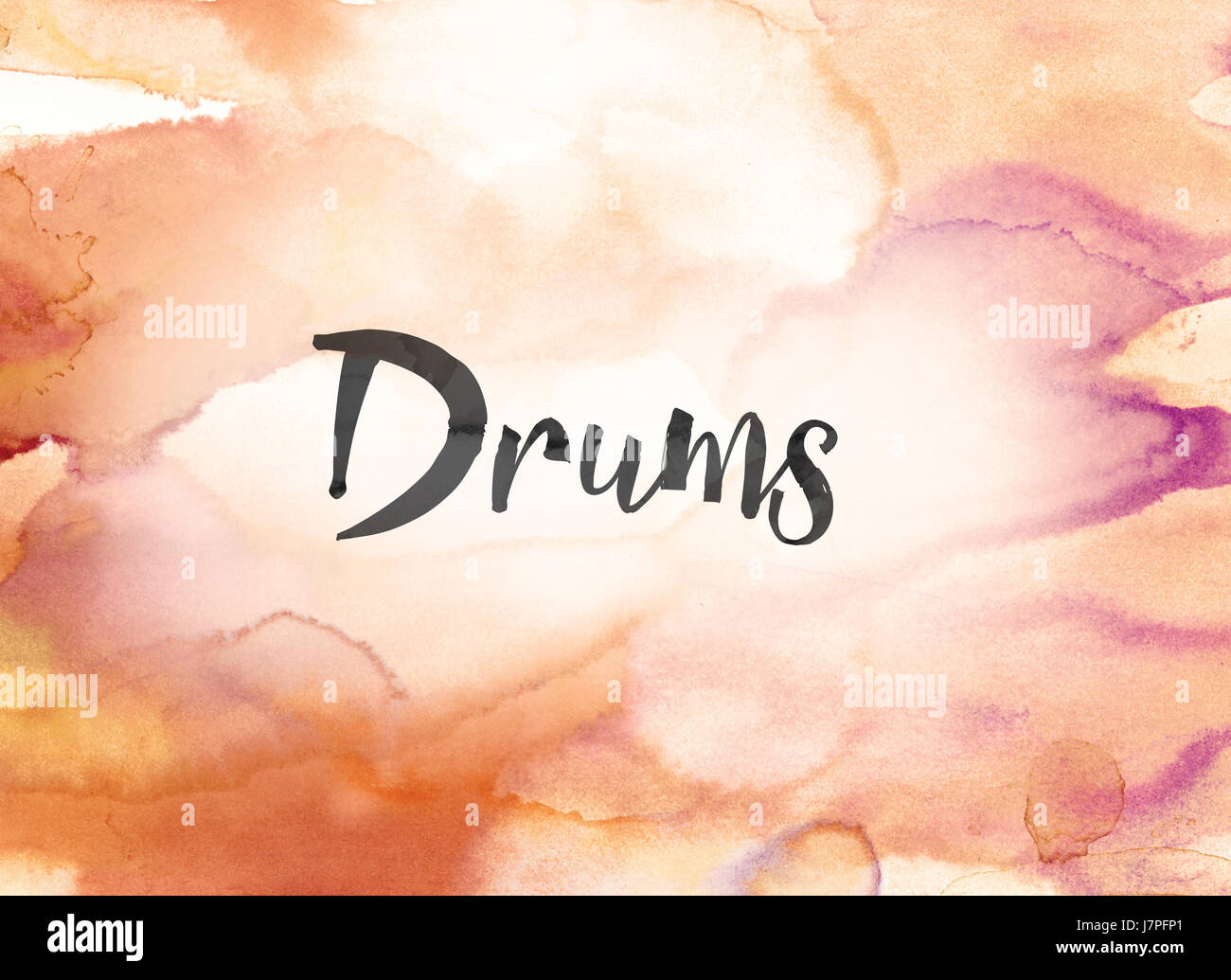 The word Drums concept and theme written in black ink on a colorful painted watercolor