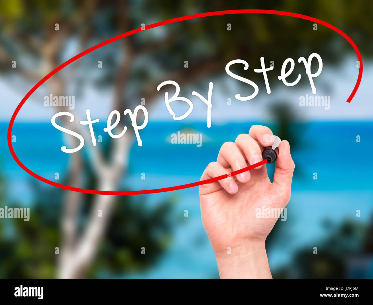 Man Hand writing Step By Step with black marker on visual screen ...