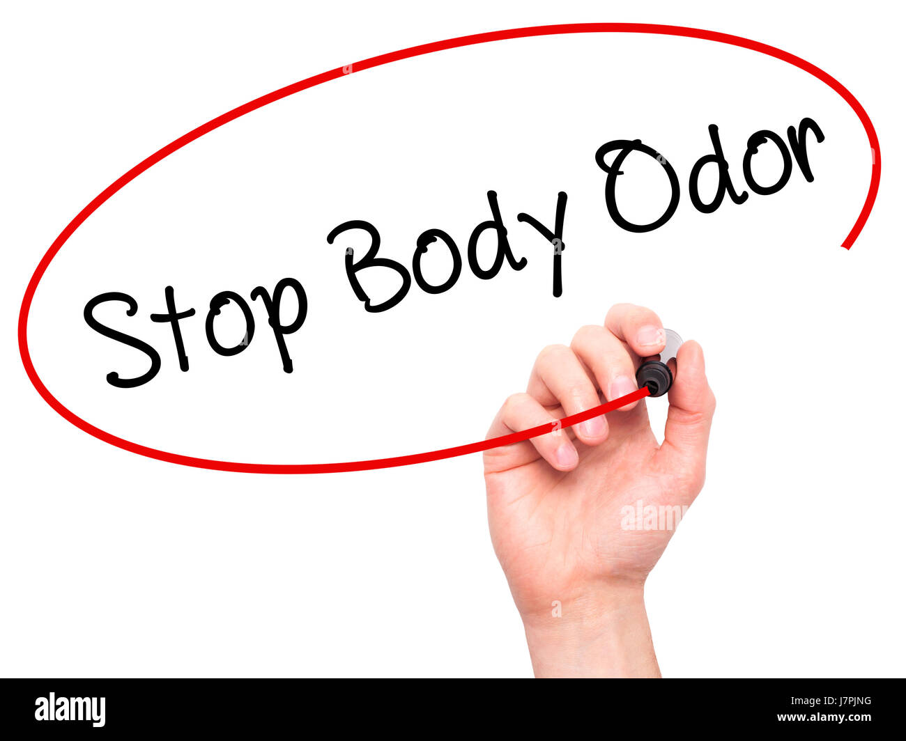 Man Hand writing Stop Body Odor with black marker on visual screen ...