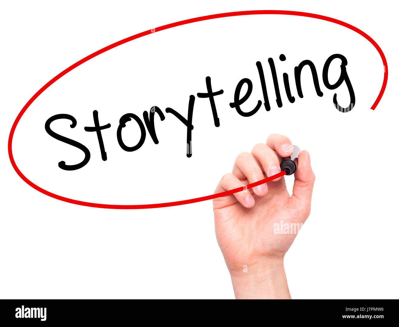 Man Hand writing Storytelling with black marker on visual screen