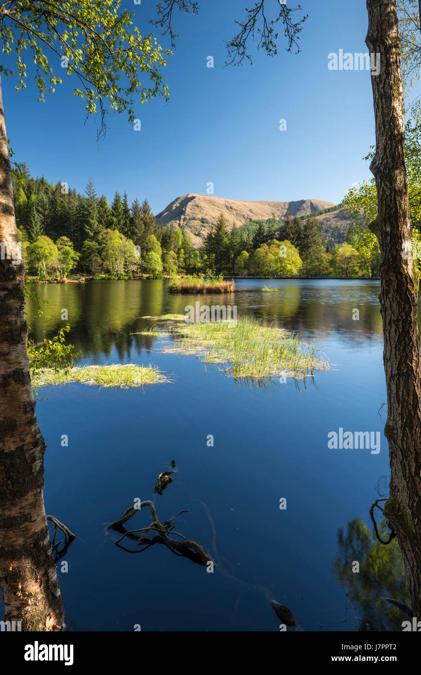 An image of the Glencoe Village Lochan on a beautiful Spring evening with the mountains of Glencoe in the background. Stock Photo