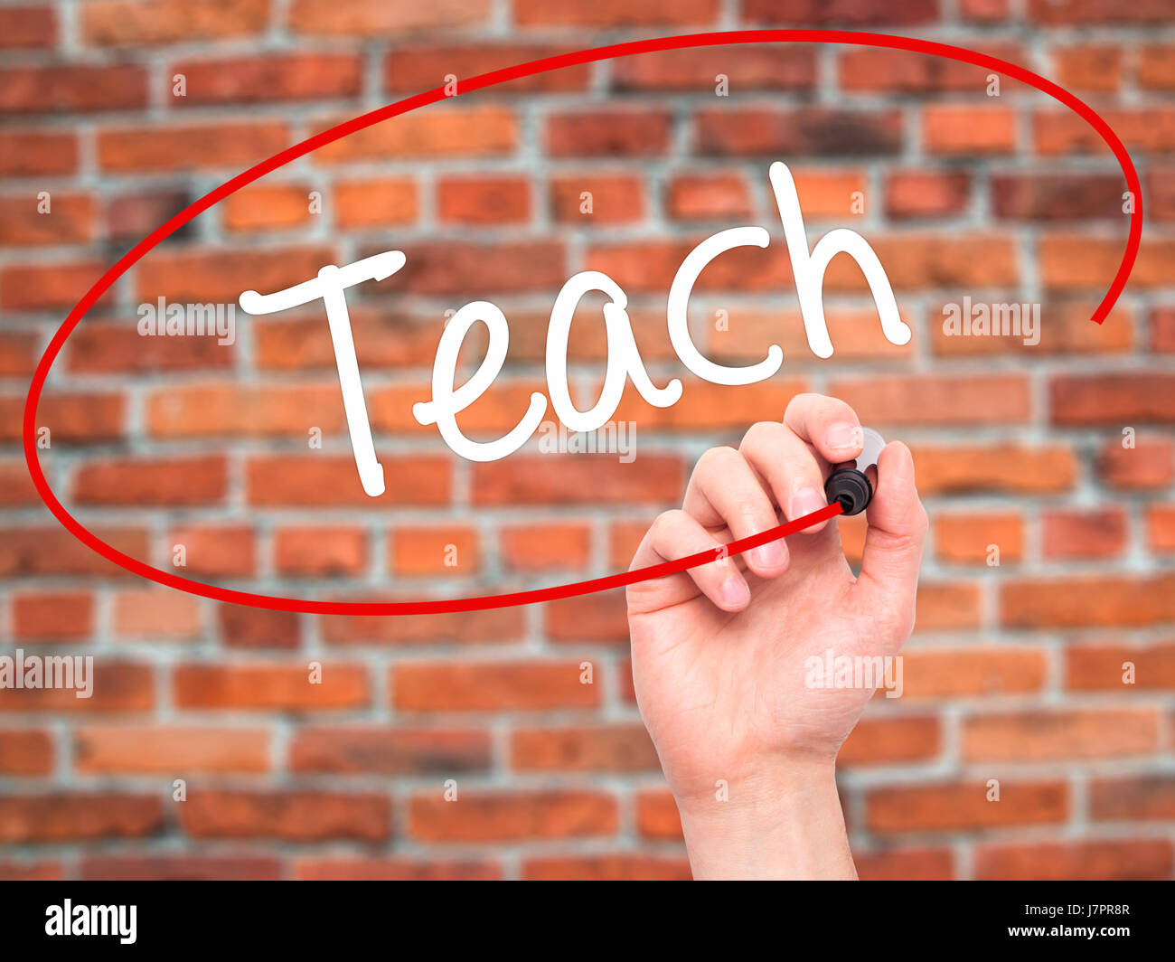 Man Hand writing Teach with black marker on visual screen. Isolated on ...