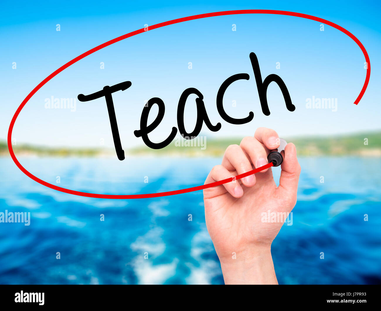 Man Hand writing Teach with black marker on visual screen. Isolated on ...