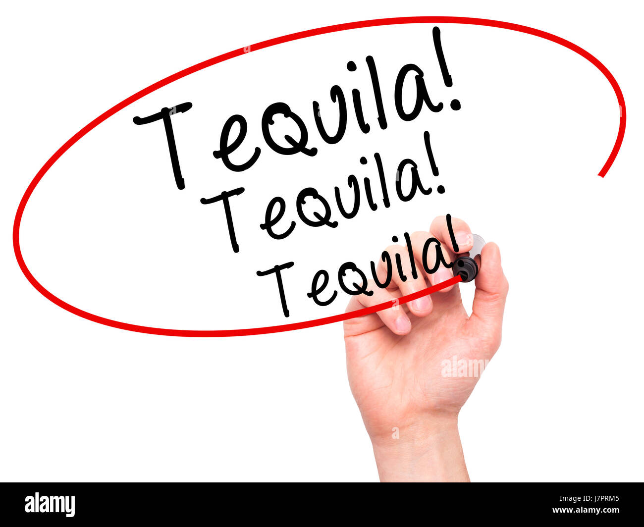 Man Hand writing Tequila with black marker on visual screen. Isolated on white. Business, technology, internet concept. Stock Photo Stock Photo