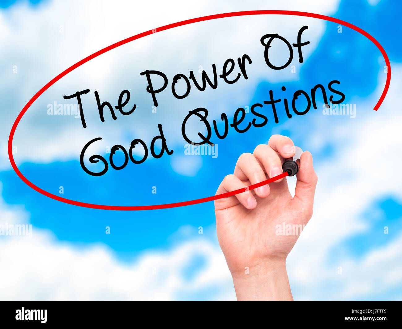 Man Hand writing The Power Of Good Questions with black marker on ...