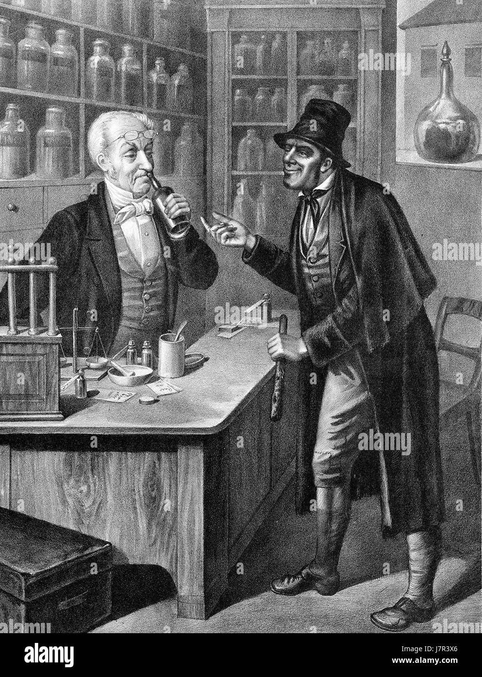 'Beim Apotheker' is an 1850s artwork or reference, likely depicting a ...