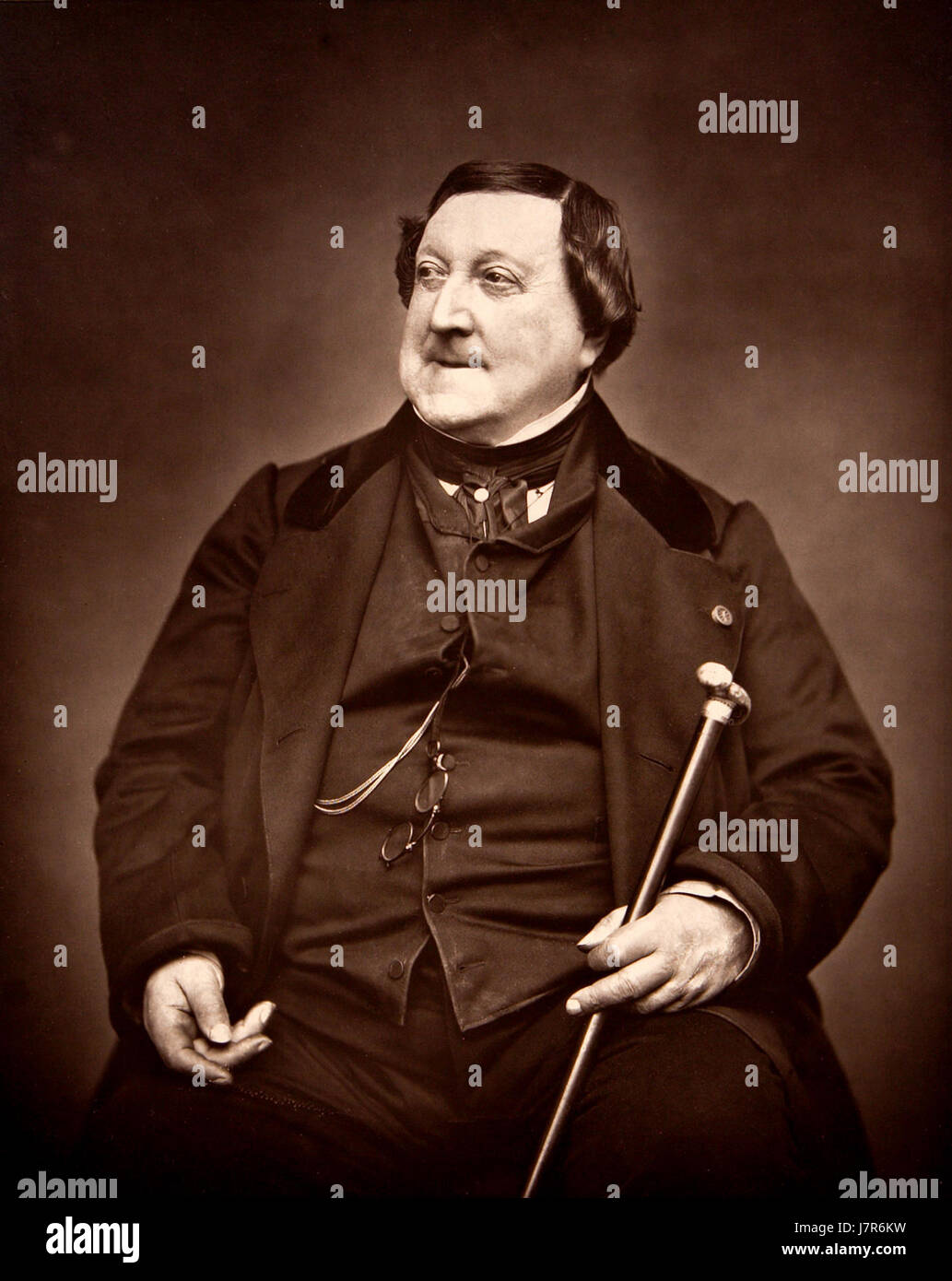 This portrait of composer Gioachino Rossini, taken in 1865 by photographer Carjat, captures the famous Italian composer known for his operatic works, including 'The Barber of Seville' and 'William Tell.' Stock Photo
