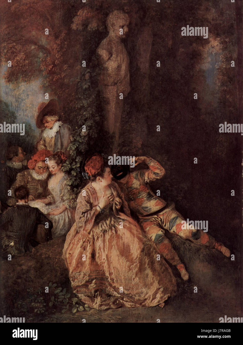 This image showcases a painting by Antoine Watteau, a French Rococo ...