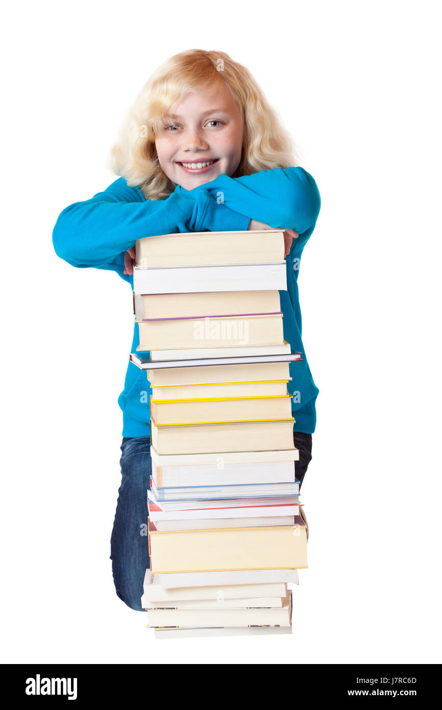 young girl leaning on pile of books Stock Photo - Alamy