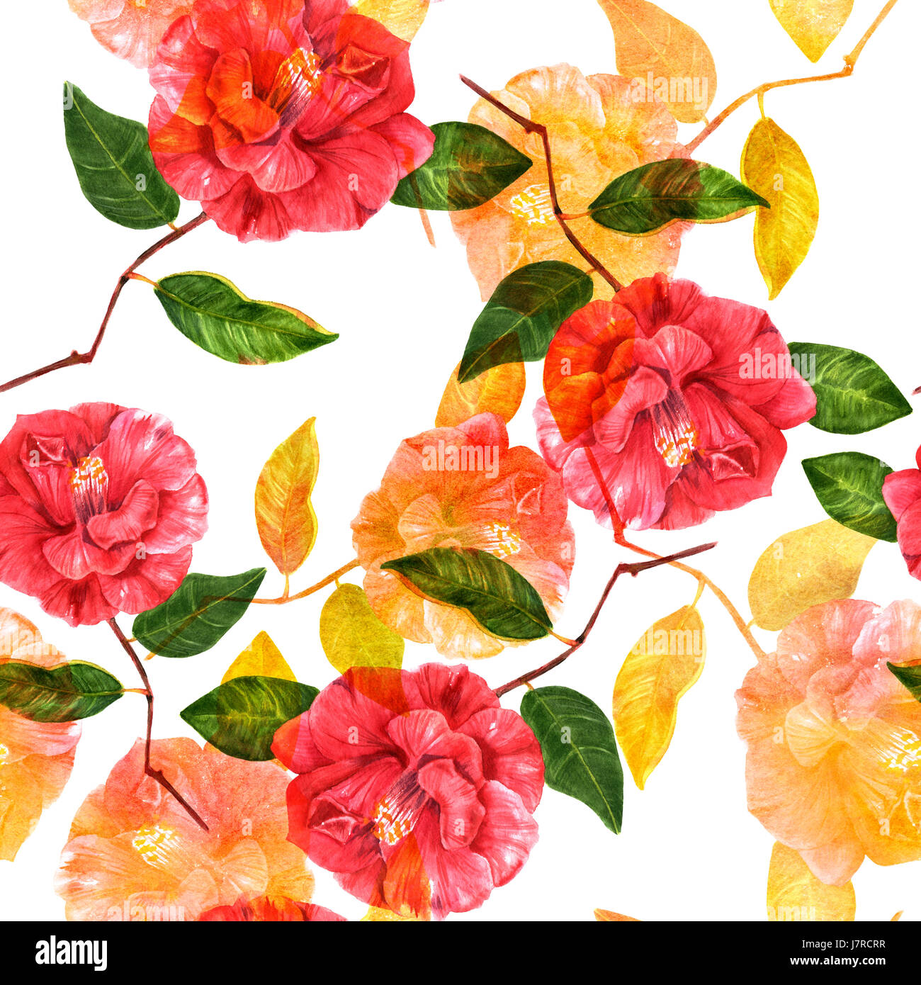 A seamless background pattern with red and golden toned watercolor ...