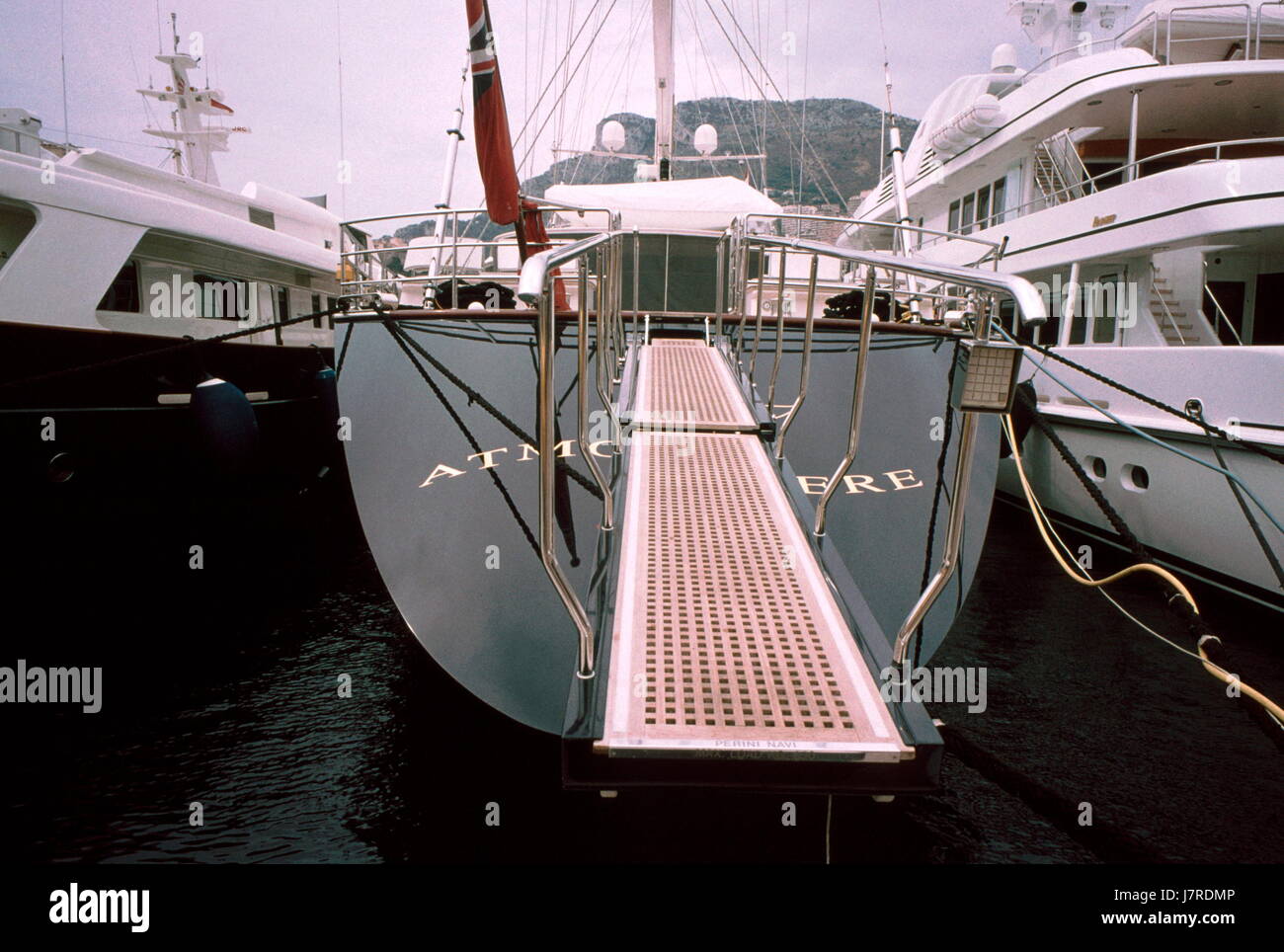 AJAXNETPHOTO. MONTE CARLO, MONACO. - GANGWAY - WOODEN TEAK GRATED BOARDING GANGWAY FOR A SUPERYACHT MOORED IN THE PORT. PHOTO:JONATHAN EASTLAND/AJAX REF:61501 1017 Stock Photo