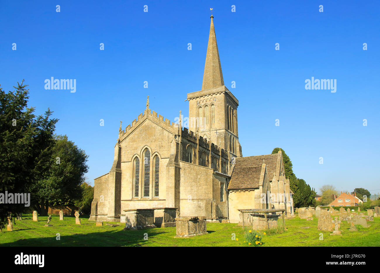 Church of Saint Mary the Virgin with steeple, Bishops Cannings, Wiltshire, England, UK Stock Photo