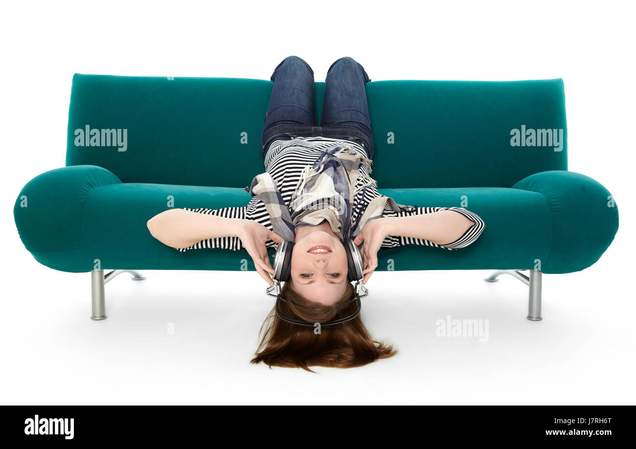 woman listening headfirst music Stock Photo Alamy
