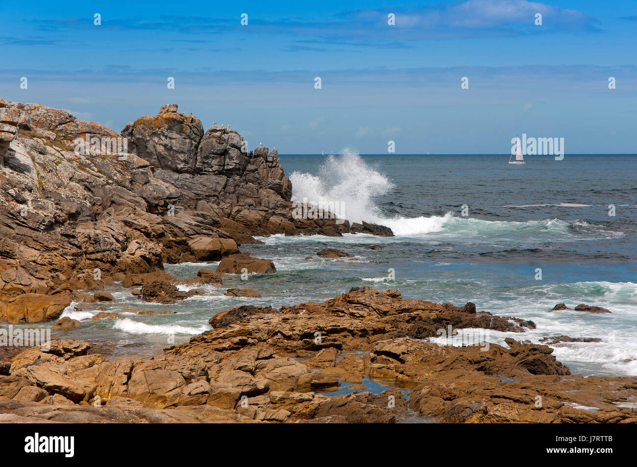 Rocky coastline, Porto do Son, La Coruna province, Region of Galicia, Spain, Europe Stock Photo