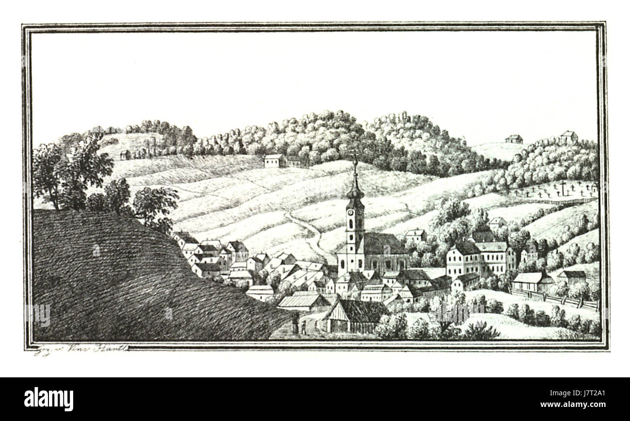 This lithograph from 1830 by Vincent Hartl and J.F. Kaiser depicts the towns of Gnas and Feldbach in Steiermark, Austria. It offers a detailed view of the region's landscape and buildings during the early 19th century. Stock Photo