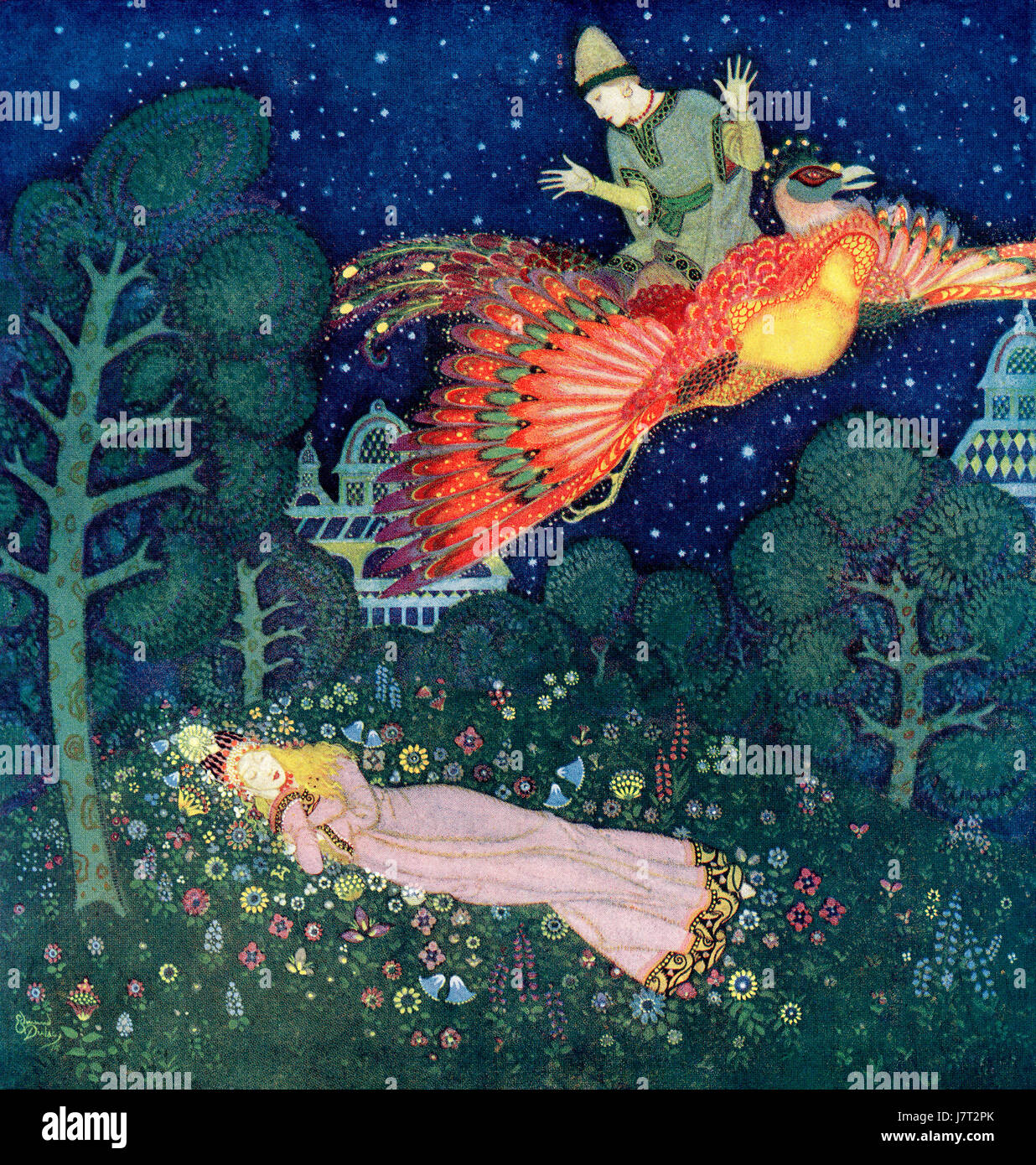 There he found the Princess asleep and saw that her face was the face he  had seen in the portrait". Illustration from the Russian fairytale The  Firebird. From Edmund Dulac's Fairy-Book: