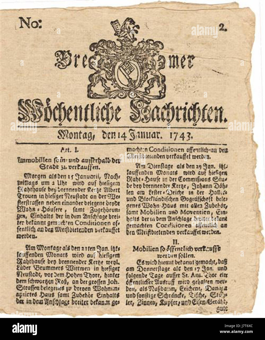 Bremer Nachrichten von 1743 Stock Photo