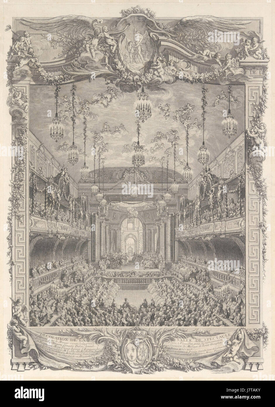 Charles Nicolas Cochin II, Decoration de la salle de spectacle construite a Versailles pour la representation de la Princesse de Navarre, ca. 1745 Stock Photo