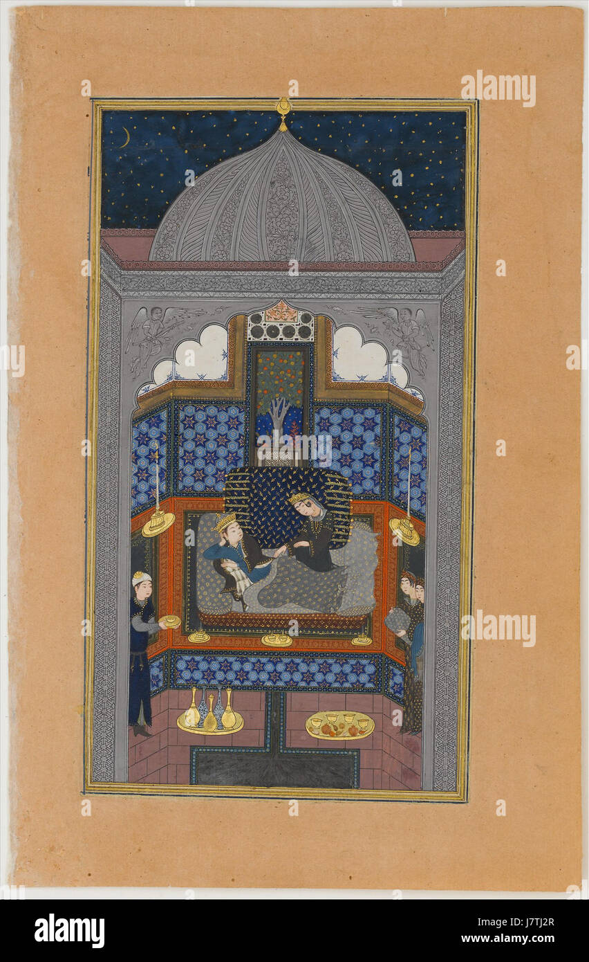 This image depicts Bahram Gur, a legendary Persian king, and an Indian princess in a scene from Persian folklore. The story is a part of classical Persian literature, emphasizing themes of love, adventure, and royal encounters in mythological settings. Stock Photo