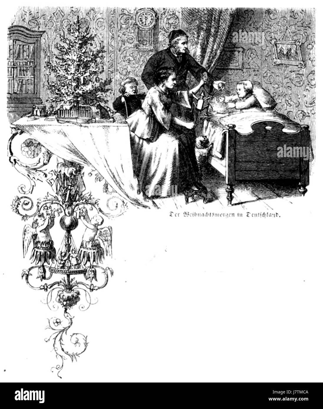 This image depicts a traditional Christmas morning in Germany, showcasing festive customs and holiday celebrations. The German tradition of Weihnachten is highlighted by decorations, meals, and gatherings. Stock Photo