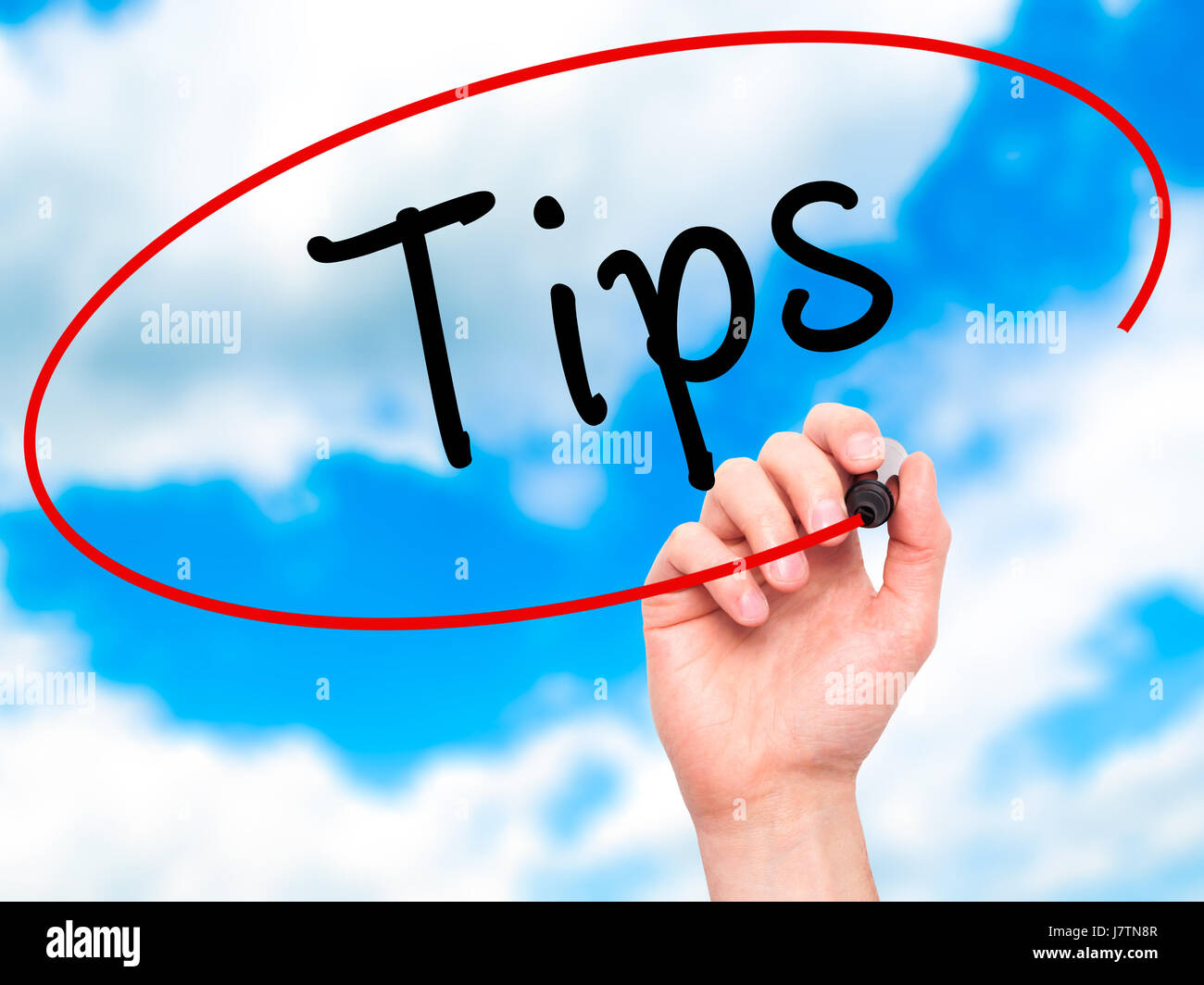 Man Hand writing Tips with black marker on visual screen. Isolated on ...