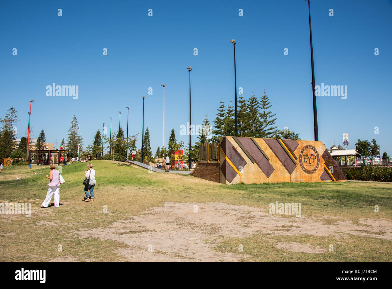 Fremantle,WA,Australia-November 13,2016: Tourists and youth at the Esplanade Park with skate park and Norfolk pines in Fremantle, Western Australia. Stock Photo