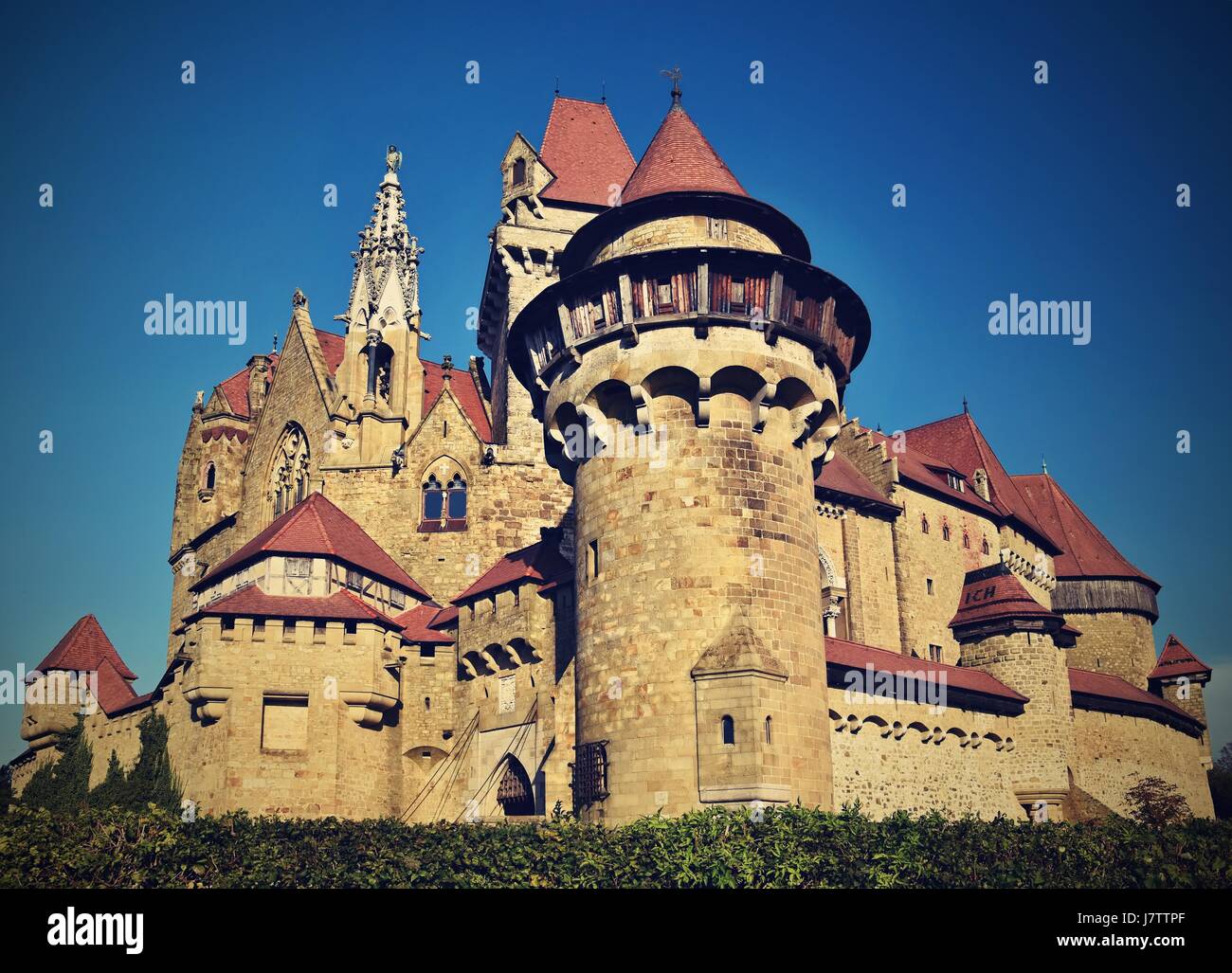 Beautiful medieval Kreuzenstein castle in Leobendorf village. Near Vienna, Austria - Europe. Autumn day. Stock Photo