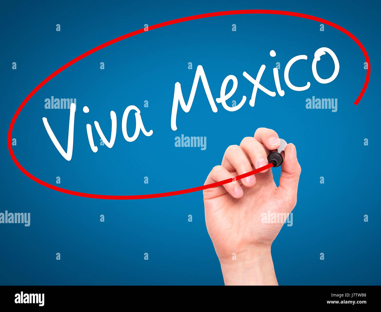Man Hand writing Viva Mexico with black marker on visual screen. Isolated on blue. Business, technology, internet concept. Stock Photo Stock Photo