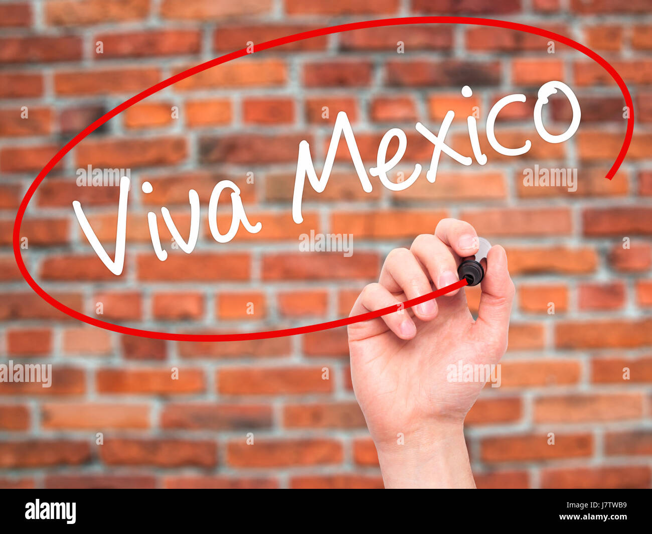 Man Hand writing Viva Mexico with black marker on visual screen. Isolated on bricks. Business, technology, internet concept. Stock Photo Stock Photo