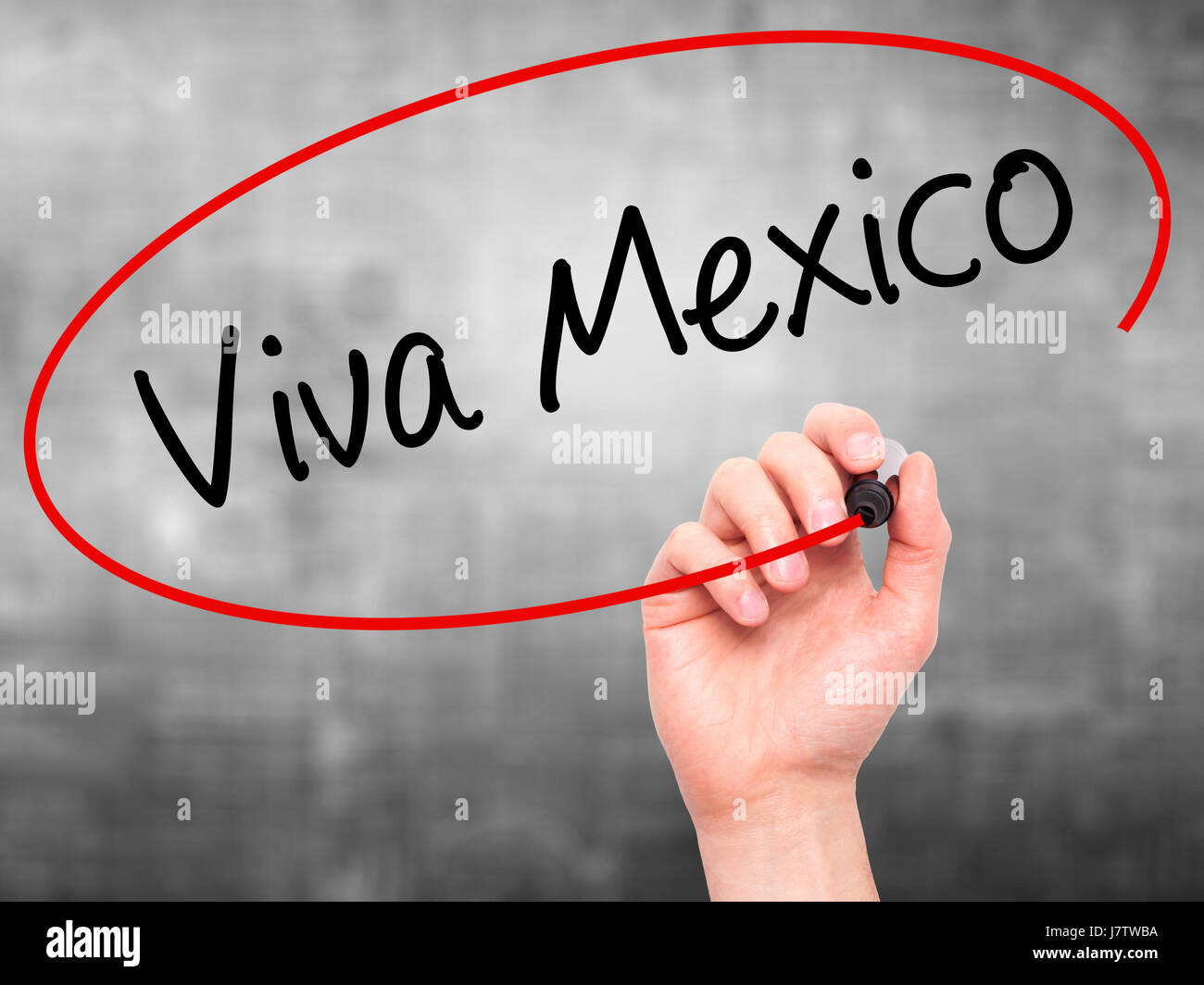 Man Hand writing Viva Mexico with black marker on visual screen. Isolated on grey. Business, technology, internet concept. Stock Photo Stock Photo