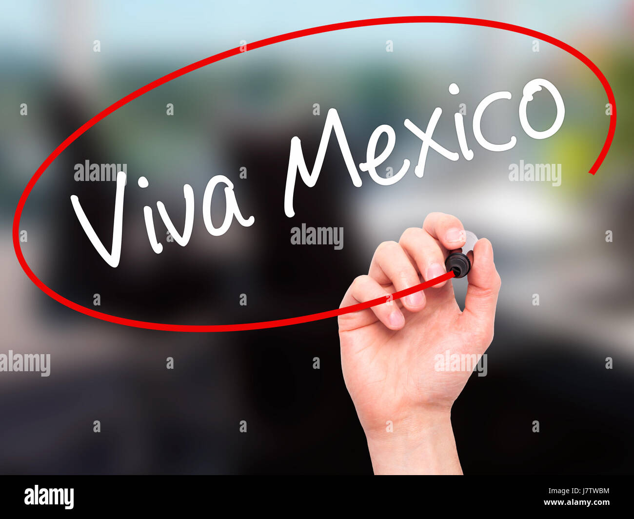 Man Hand writing Viva Mexico with black marker on visual screen. Isolated on office. Business, technology, internet concept. Stock Photo Stock Photo