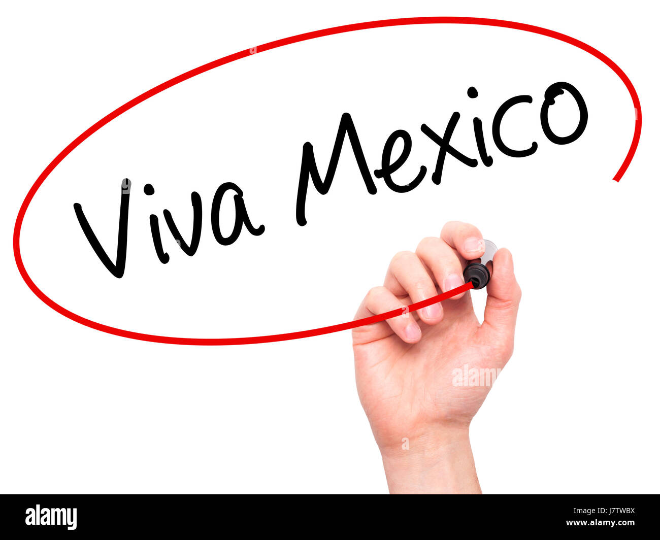 Man Hand writing Viva Mexico with black marker on visual screen. Isolated on white. Business, technology, internet concept. Stock Photo Stock Photo
