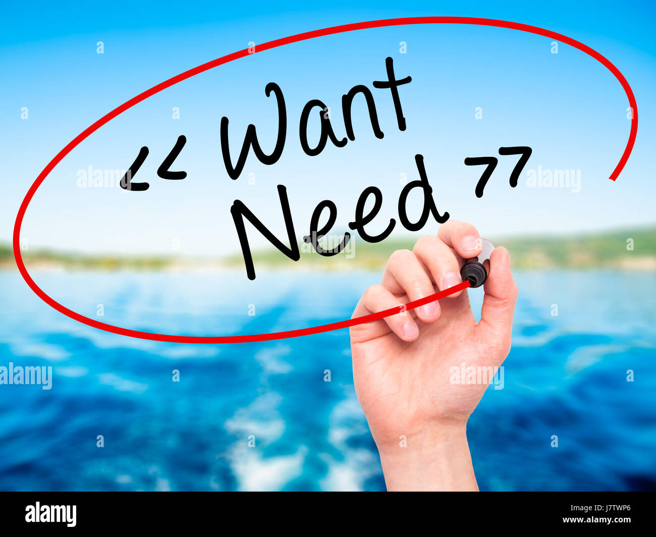 Man Hand writing Want - Need with black marker on visual screen ...