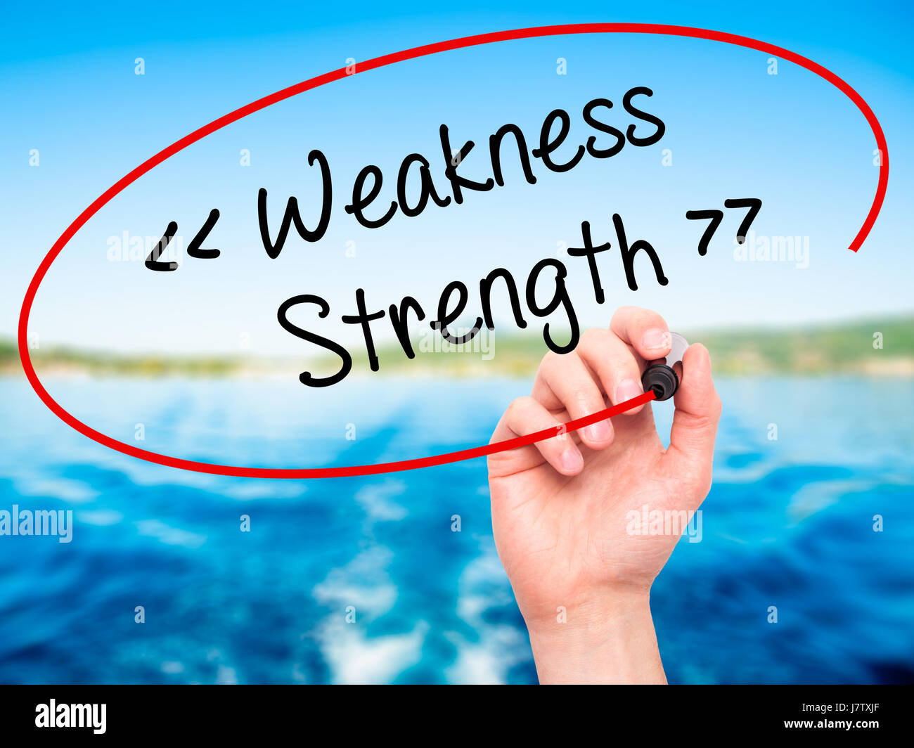 Man Hand writing Weakness - Strength with black marker on visual screen ...